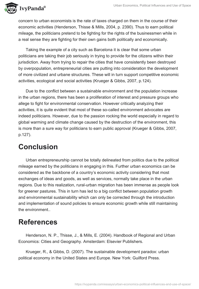 Urban Economics, Political Influences and Use of Space. Page 2