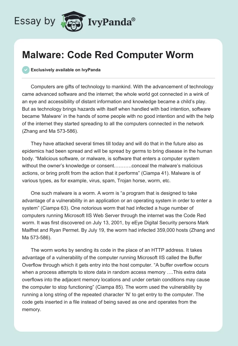 Malware: Code Red Computer Worm. Page 1