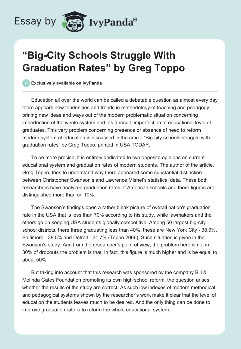 “Big-City Schools Struggle With Graduation Rates” by Greg Toppo. Page 1