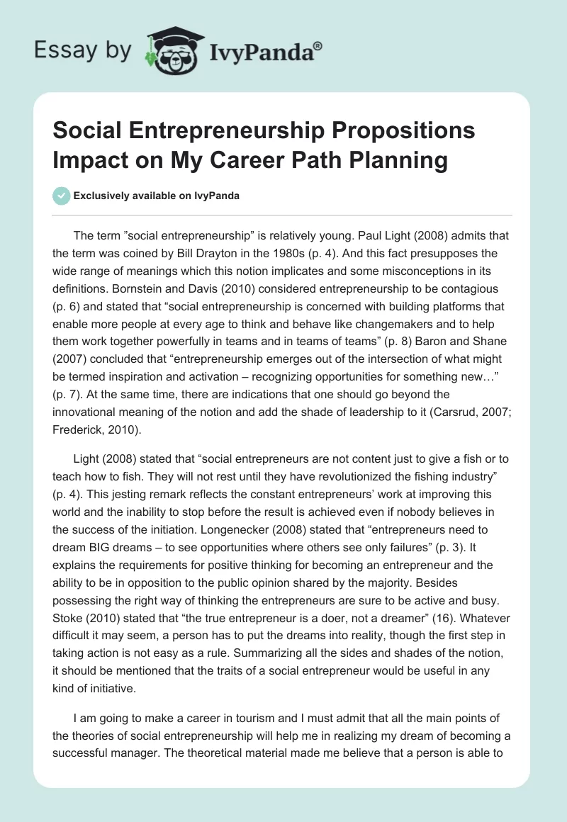 Social Entrepreneurship Propositions Impact on My Career Path Planning. Page 1