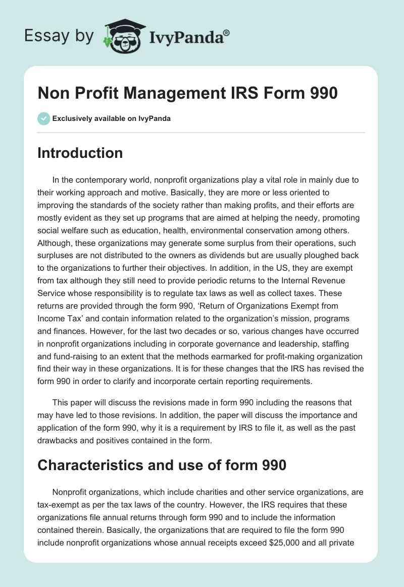 Non Profit Management IRS Form 990. Page 1
