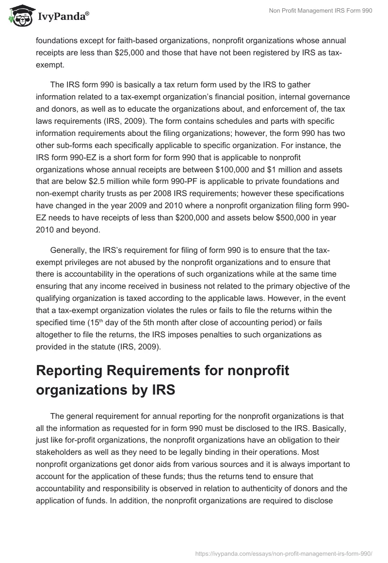 Non Profit Management IRS Form 990. Page 2