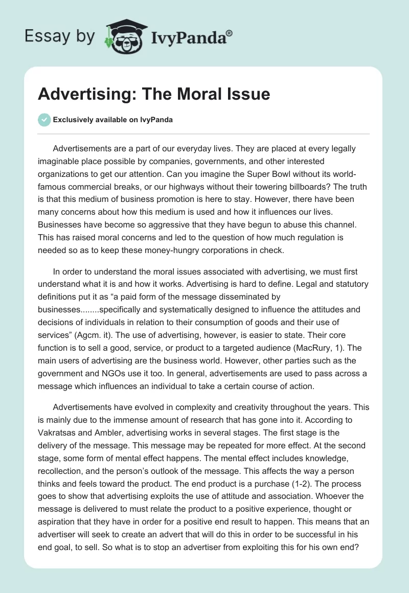 Advertising: The Moral Issue. Page 1