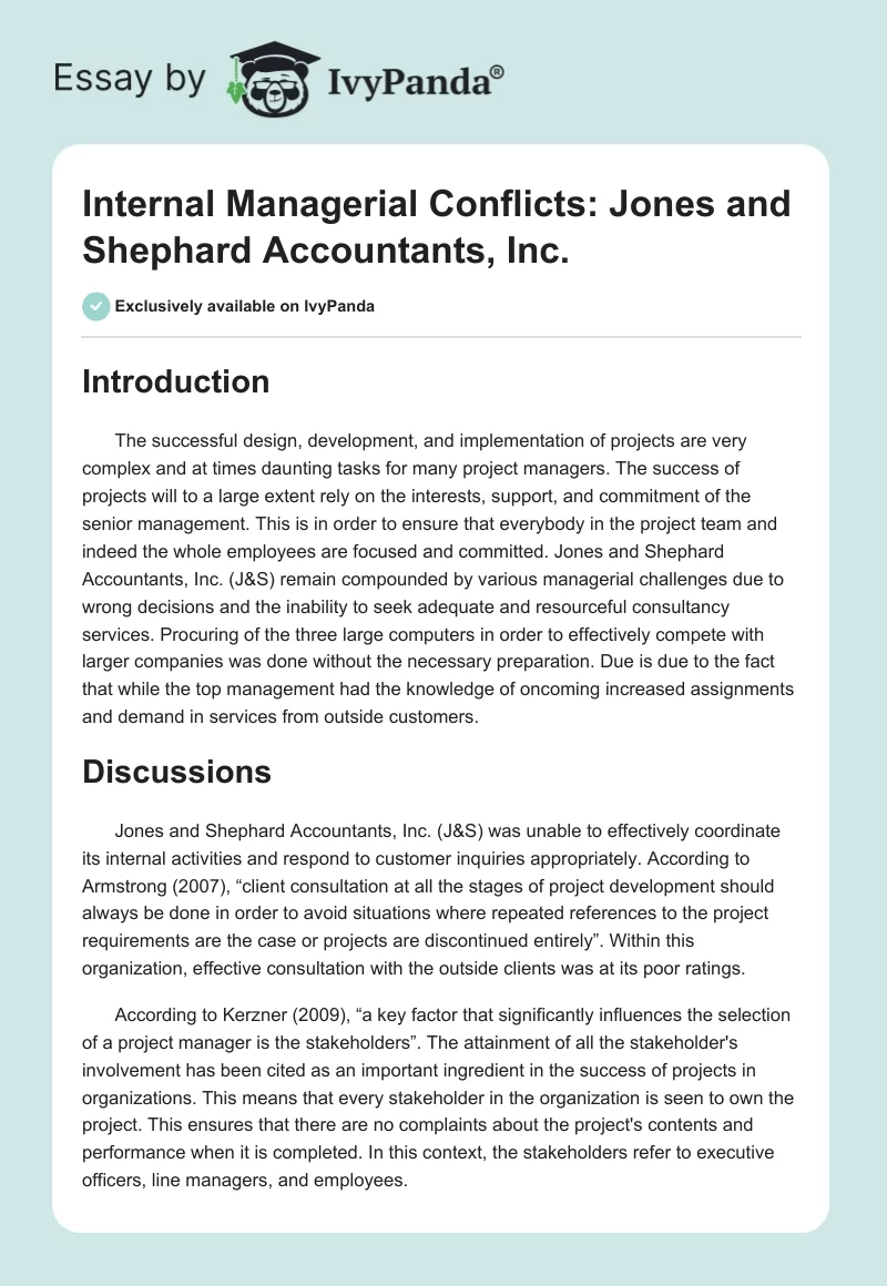 Internal Managerial Conflicts: Jones and Shephard Accountants, Inc.. Page 1