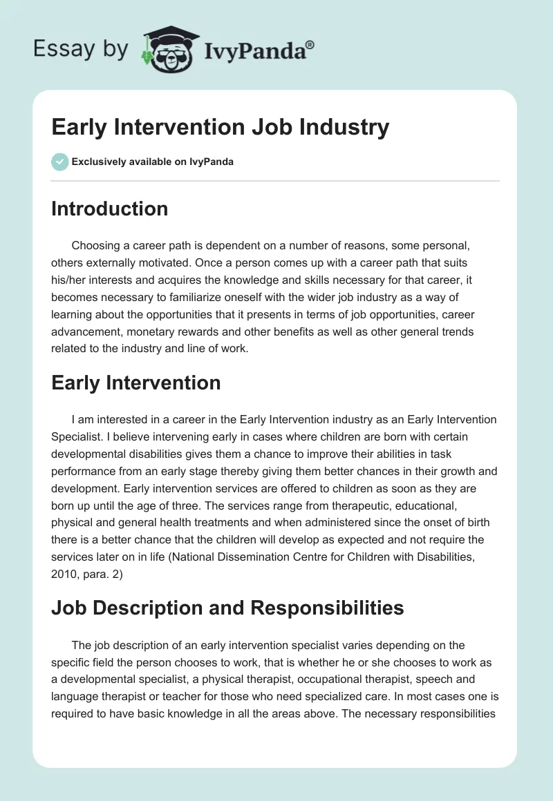 Early Intervention Job Industry. Page 1
