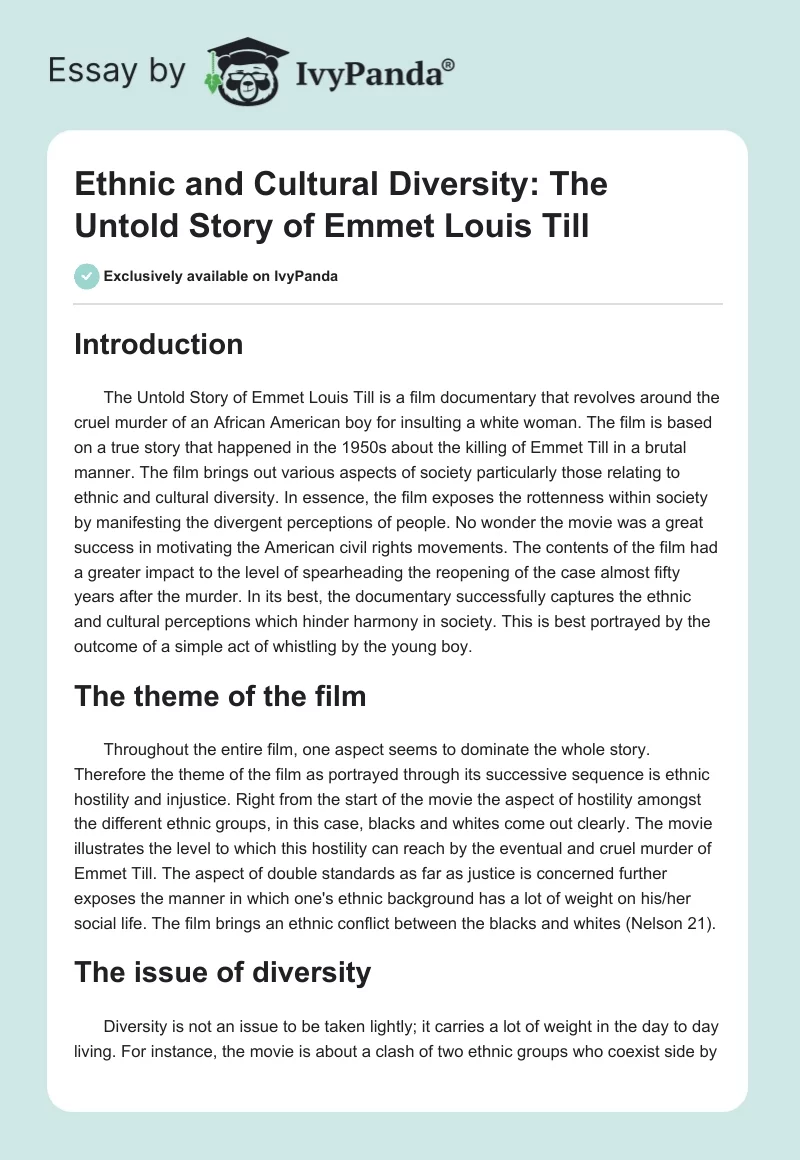 Ethnic and Cultural Diversity: The Untold Story of Emmet Louis Till. Page 1
