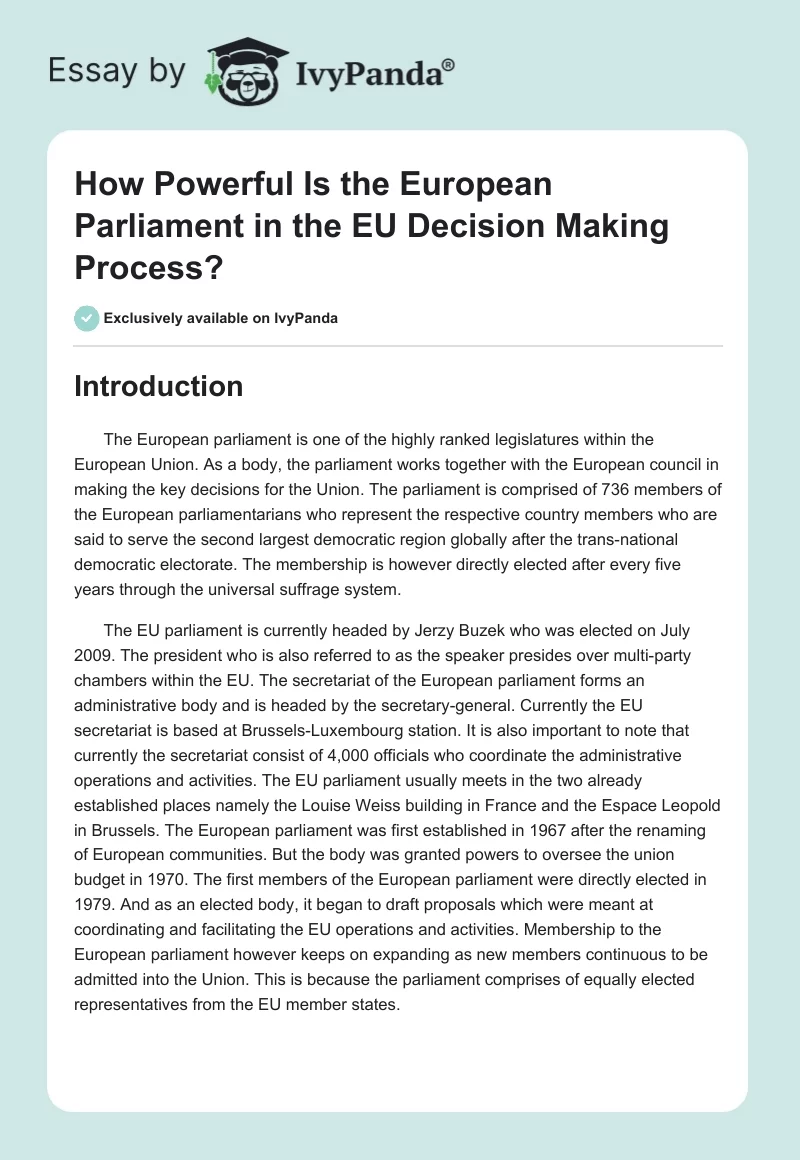 How Powerful Is the European Parliament in the EU Decision Making Process?. Page 1