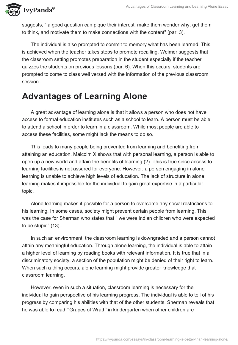 Advantages of Classroom Learning and Learning Alone Essay. Page 3