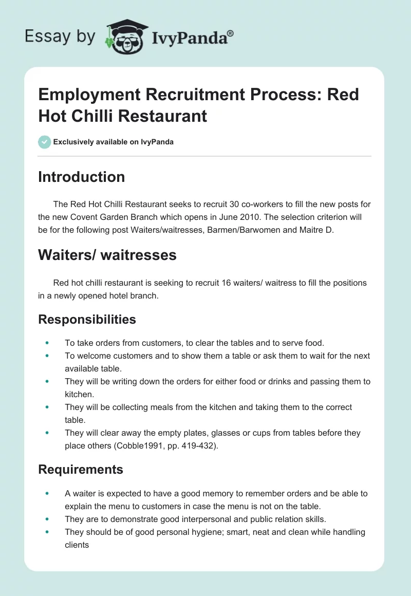 Employment Recruitment Process: Red Hot Chilli Restaurant. Page 1