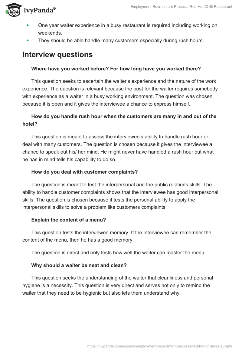 Employment Recruitment Process: Red Hot Chilli Restaurant. Page 2