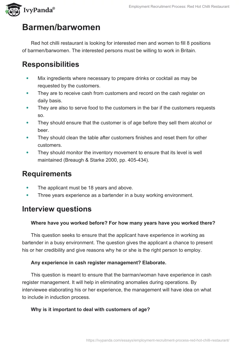 Employment Recruitment Process: Red Hot Chilli Restaurant. Page 3