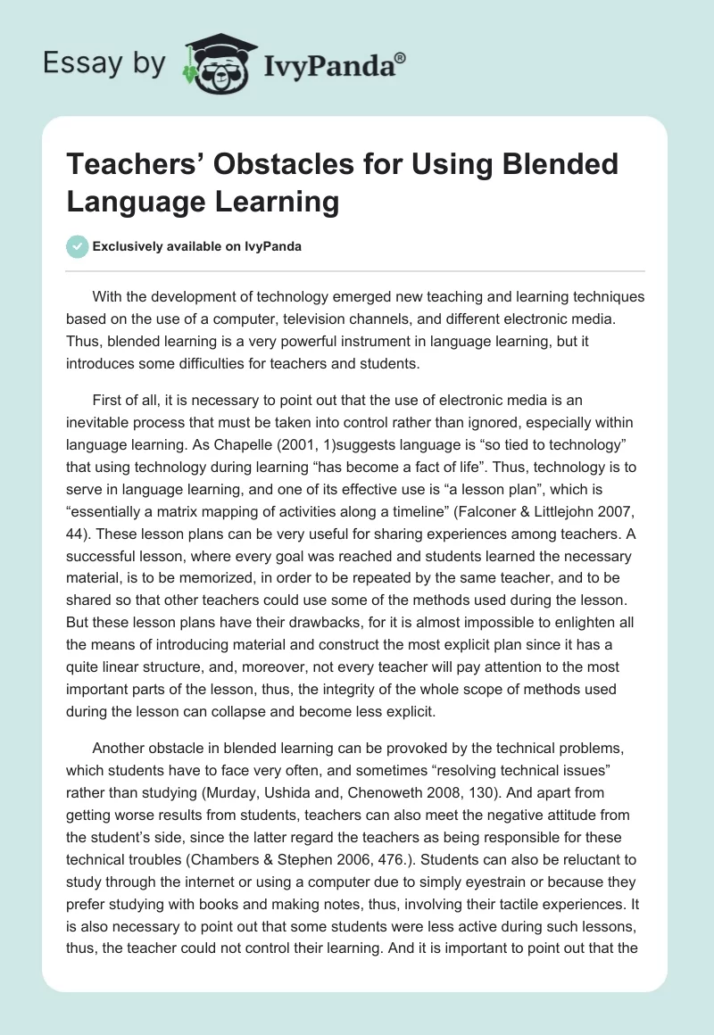 Teachers’ Obstacles for Using Blended Language Learning. Page 1