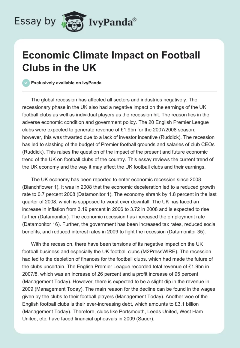 Economic Climate Impact on Football Clubs in the UK. Page 1