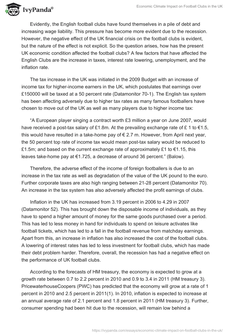 Economic Climate Impact on Football Clubs in the UK. Page 2