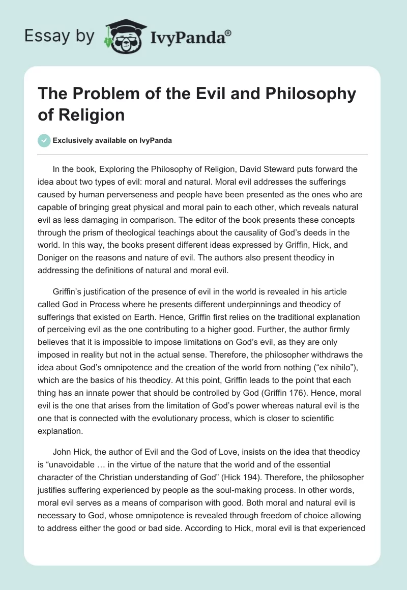 The Problem of the Evil and Philosophy of Religion. Page 1