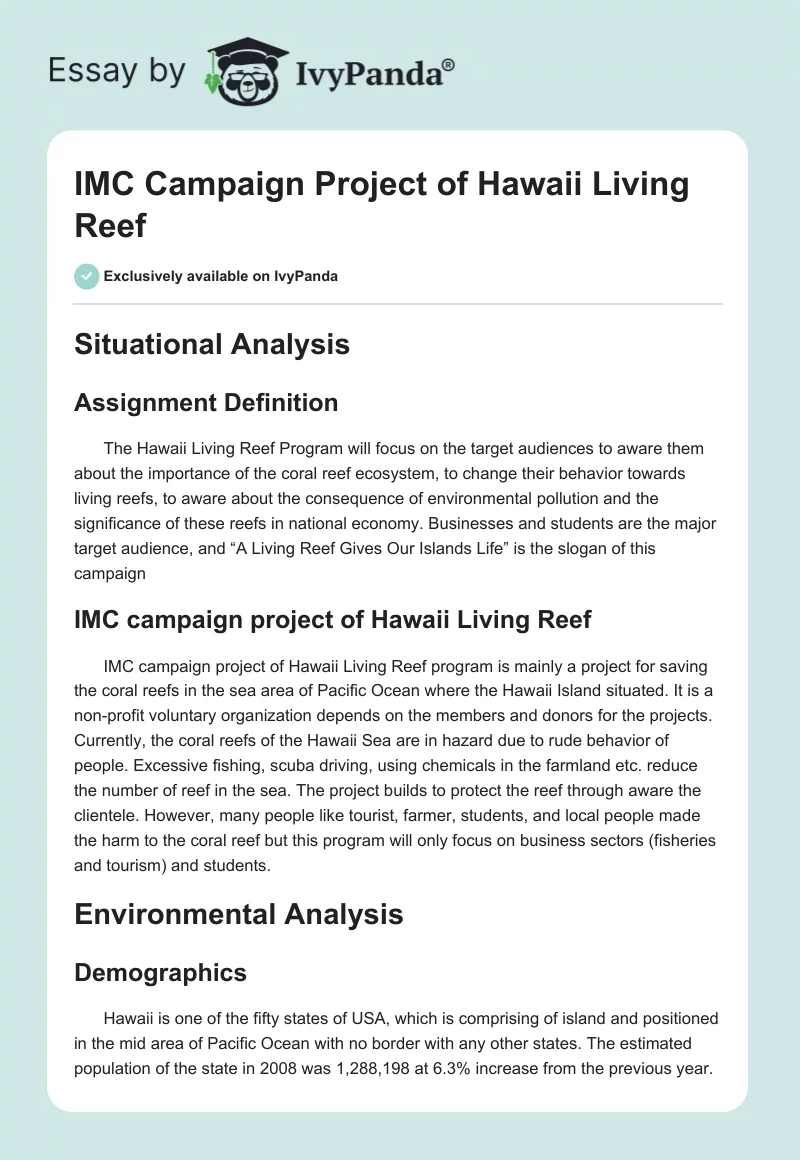 IMC Campaign Project of Hawaii Living Reef. Page 1