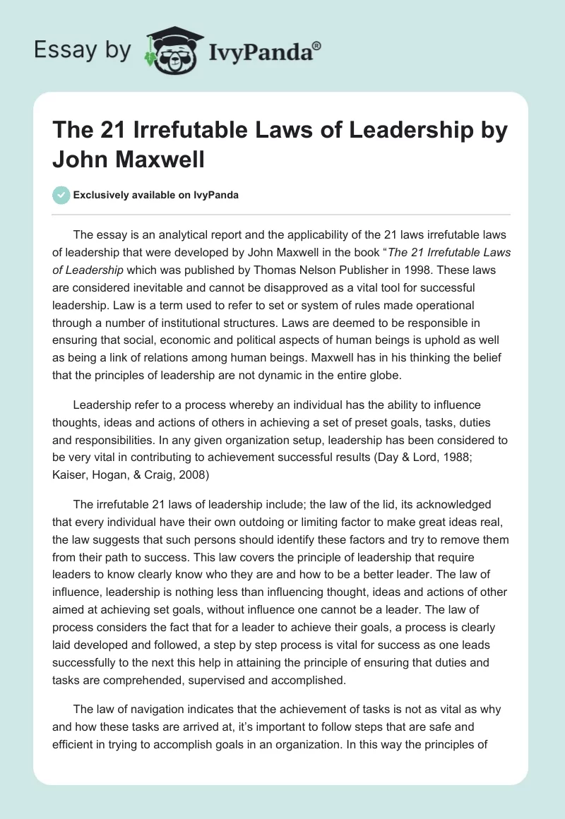 "The 21 Irrefutable Laws of Leadership" by John Maxwell. Page 1
