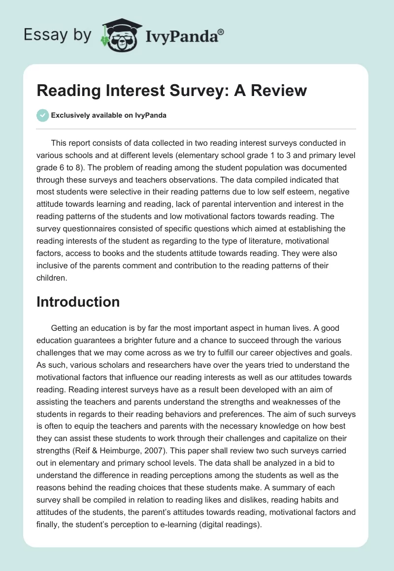 Reading Interest Survey: A Review. Page 1