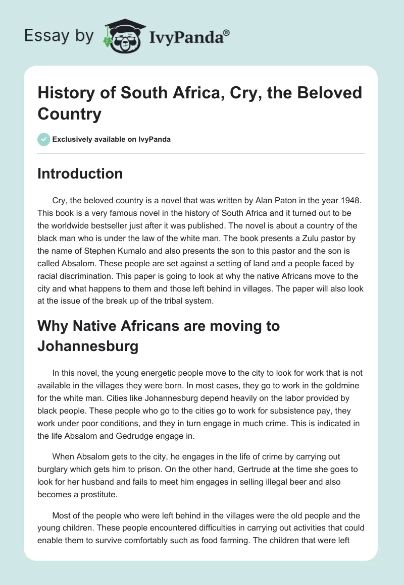 History of South Africa, Cry, the Beloved Country. Page 1