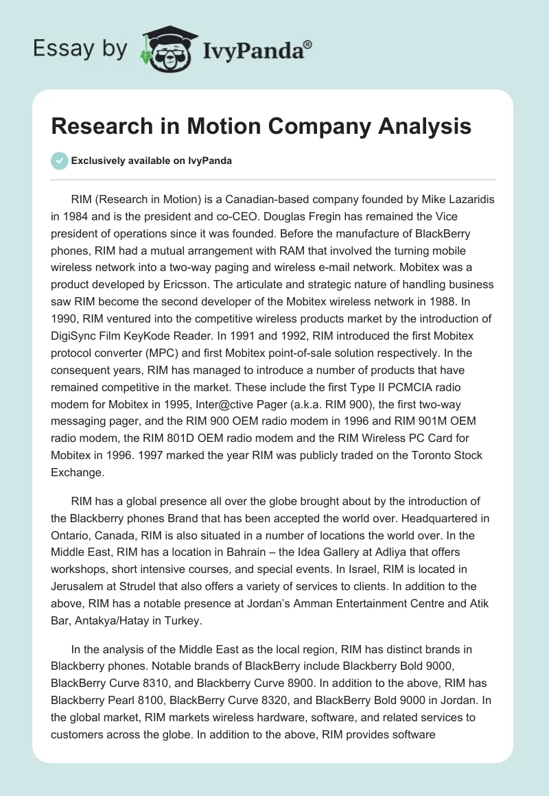 Research in Motion Company Analysis. Page 1