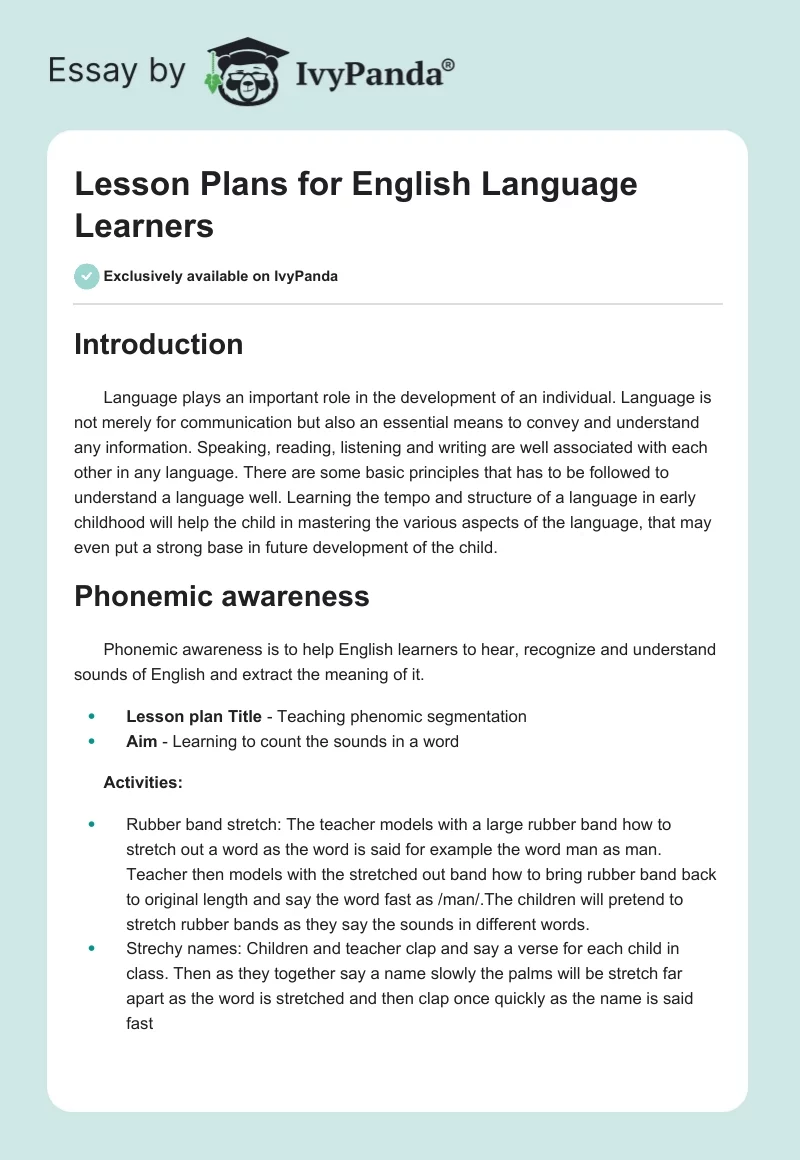 Lesson Plans for English Language Learners. Page 1
