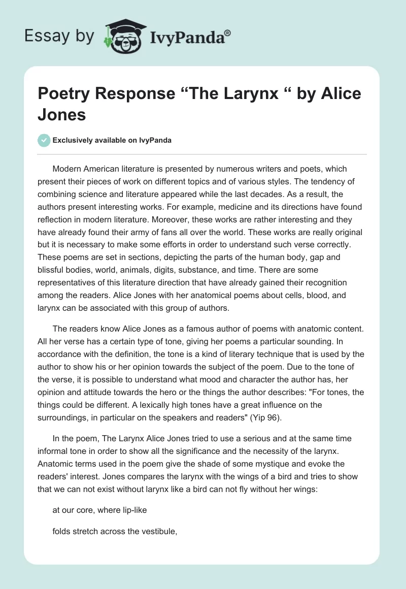 Poetry Response “The Larynx “ by Alice Jones. Page 1