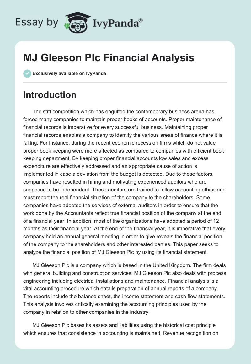 MJ Gleeson Plc Financial Analysis. Page 1