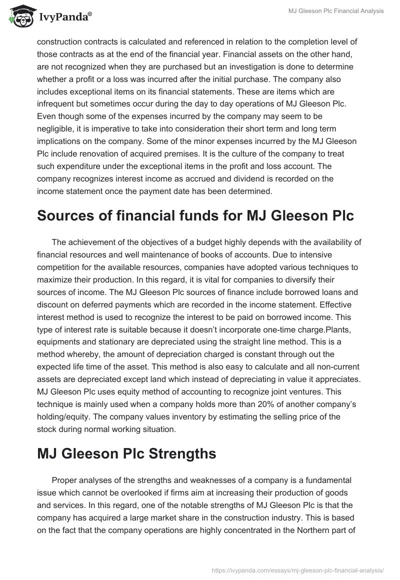 MJ Gleeson Plc Financial Analysis. Page 2