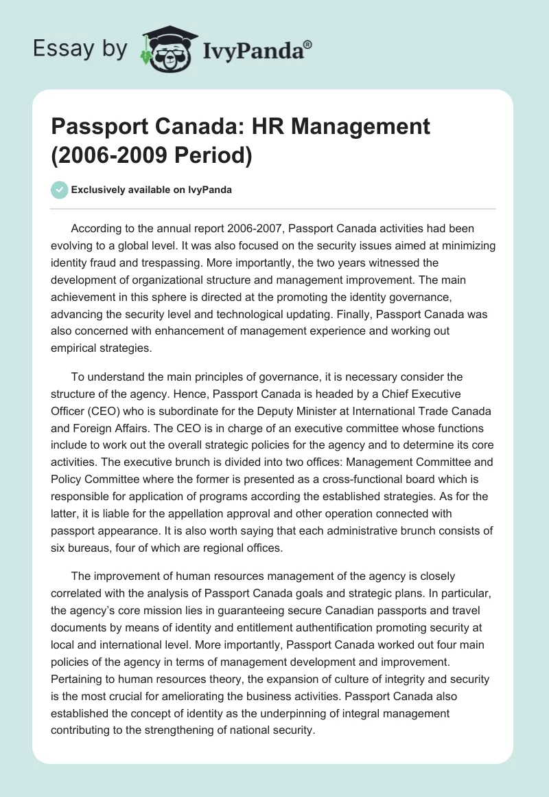 Passport Canada: HR Management (2006-2009 Period). Page 1