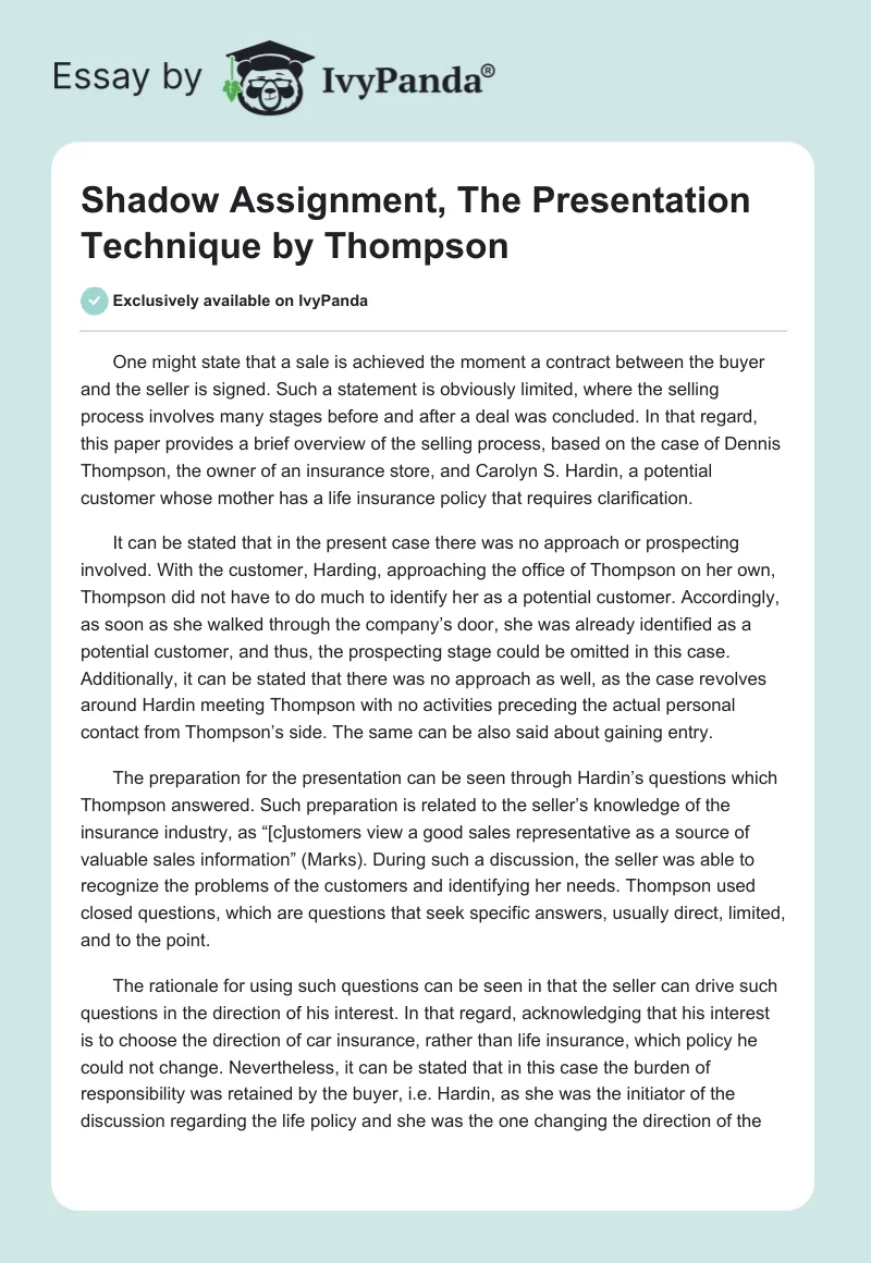 Shadow Assignment, The Presentation Technique by Thompson. Page 1