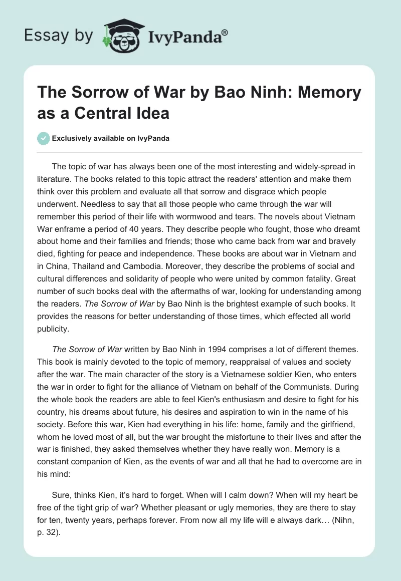 "The Sorrow of War" by Bao Ninh: Memory as a Central Idea. Page 1