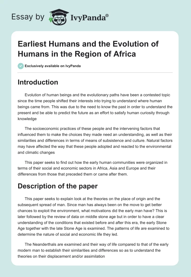 Earliest Humans and the Evolution of Humans in the Region of Africa. Page 1