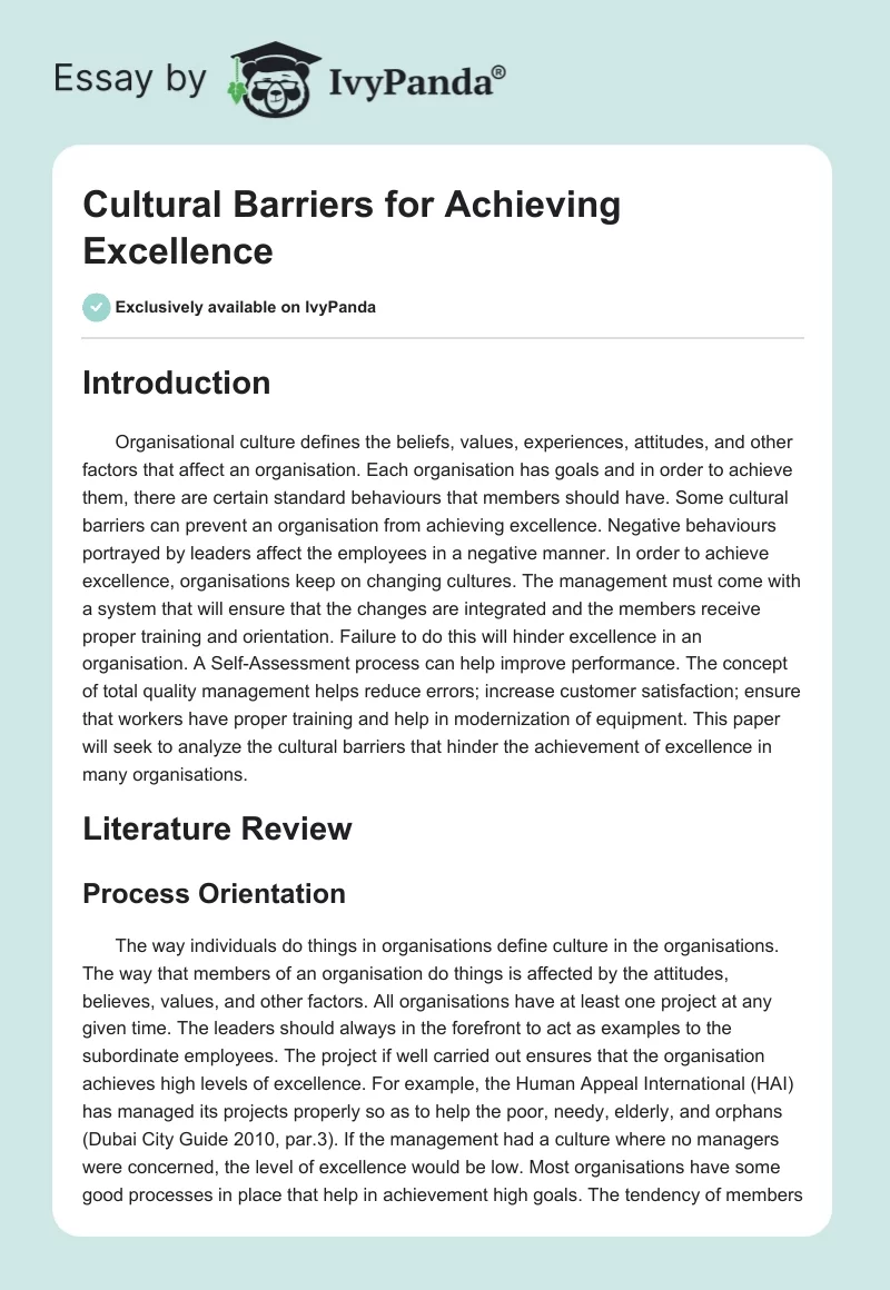 Cultural Barriers for Achieving Excellence. Page 1