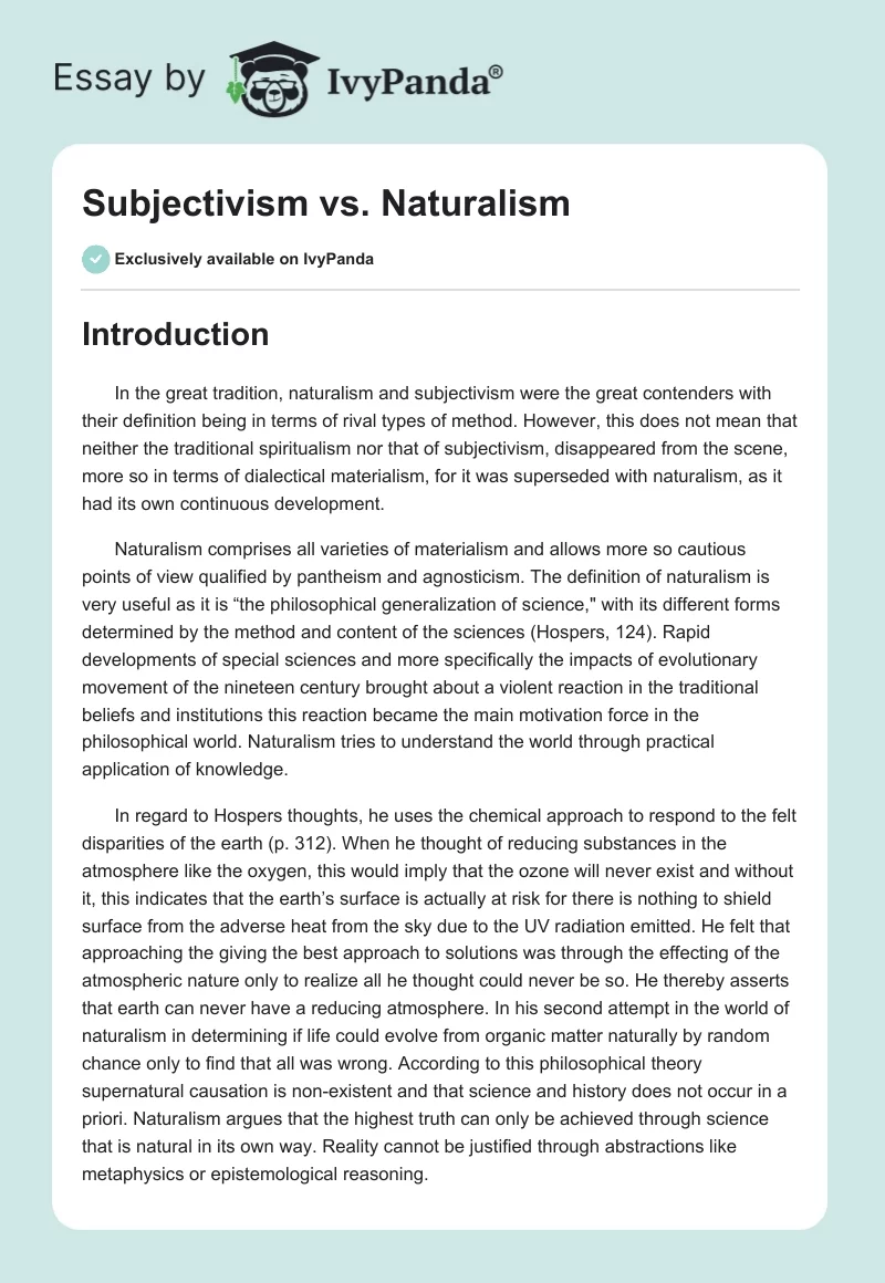 Subjectivism vs. Naturalism. Page 1