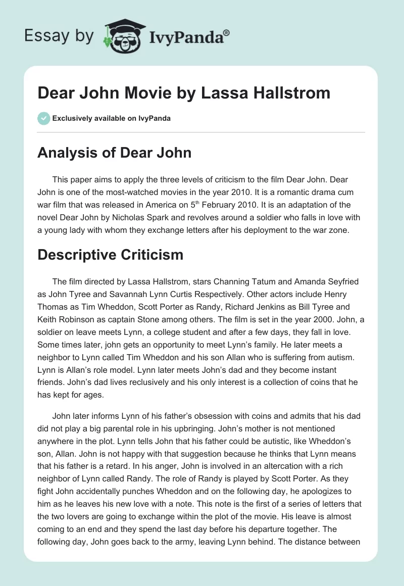 "Dear John" Movie by Lassa Hallstrom. Page 1