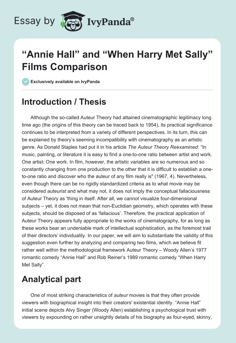 “Annie Hall” and “When Harry Met Sally” Films Comparison. Page 1