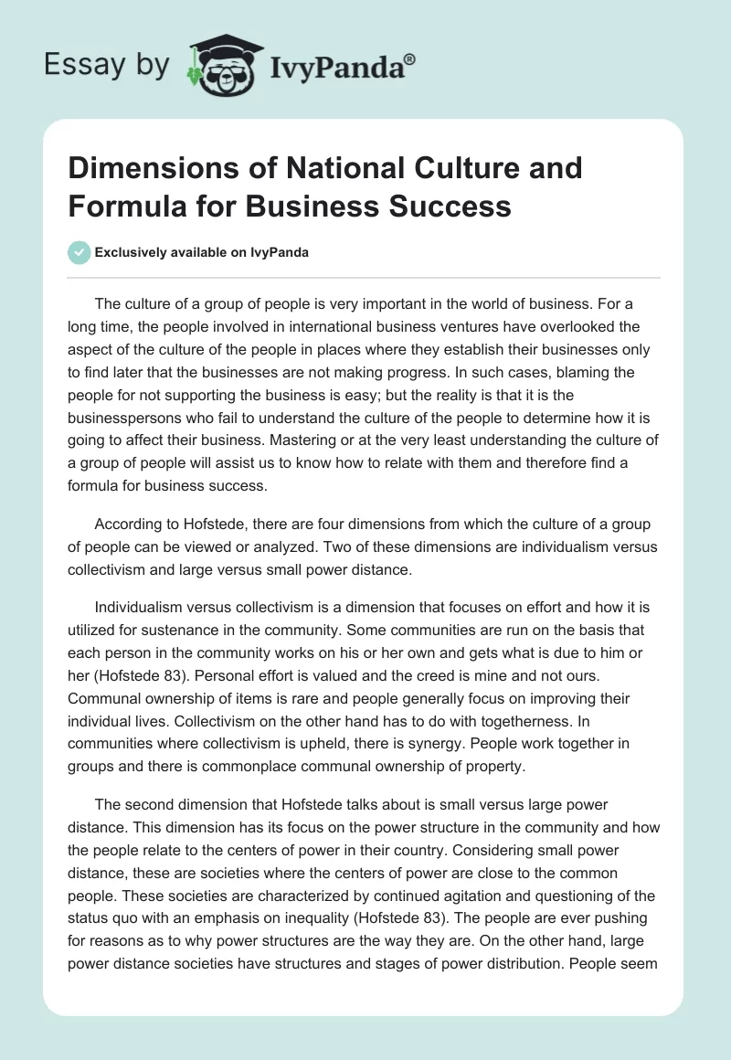 Dimensions of National Culture and Formula for Business Success. Page 1