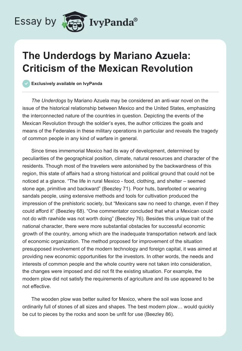 "The Underdogs" by Mariano Azuela: Criticism of the Mexican Revolution. Page 1