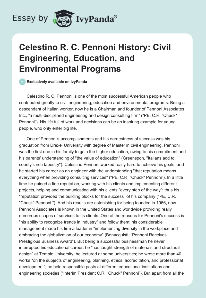 Celestino R. C. Pennoni History: Civil Engineering, Education, and Environmental Programs. Page 1