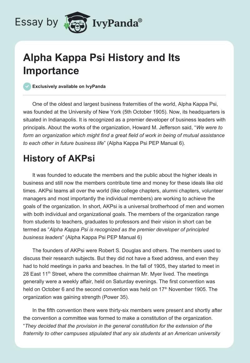 Alpha Kappa Psi History and Its Importance. Page 1