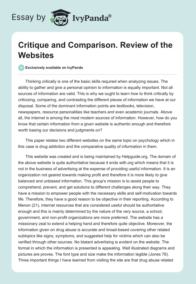 Critique and Comparison. Review of the Websites. Page 1