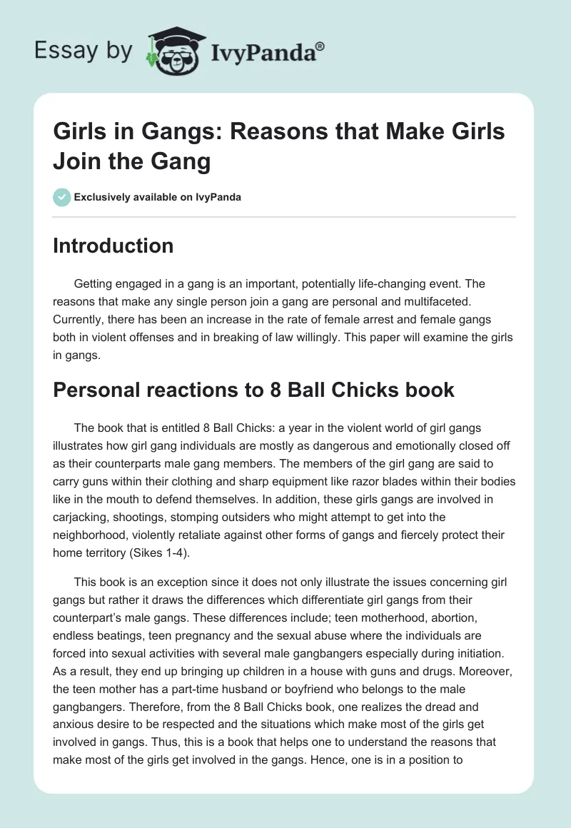 Girls in Gangs: Reasons that Make Girls Join the Gang. Page 1