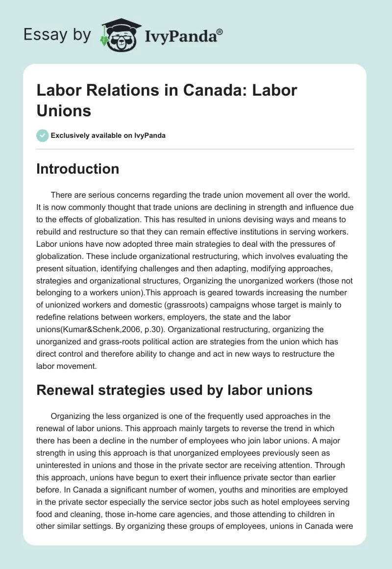 Labor Relations in Canada: Labor Unions. Page 1