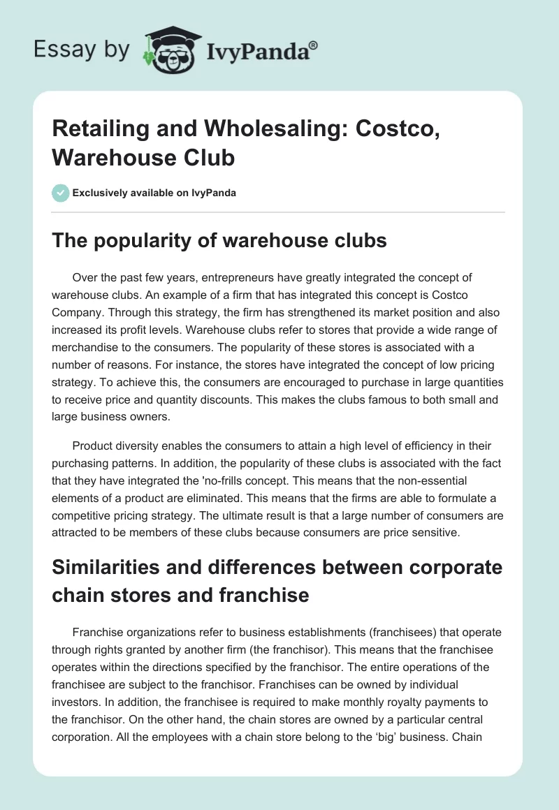 Retailing and Wholesaling: Costco, Warehouse Club. Page 1