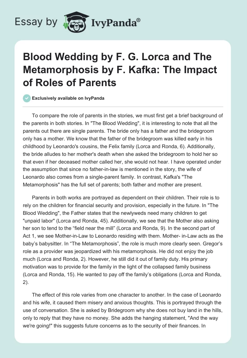 "Blood Wedding" by F. G. Lorca and "The Metamorphosis" by F. Kafka: The Impact of Roles of Parents. Page 1