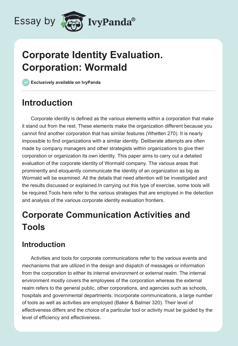 Corporate Identity Evaluation. Corporation: Wormald. Page 1