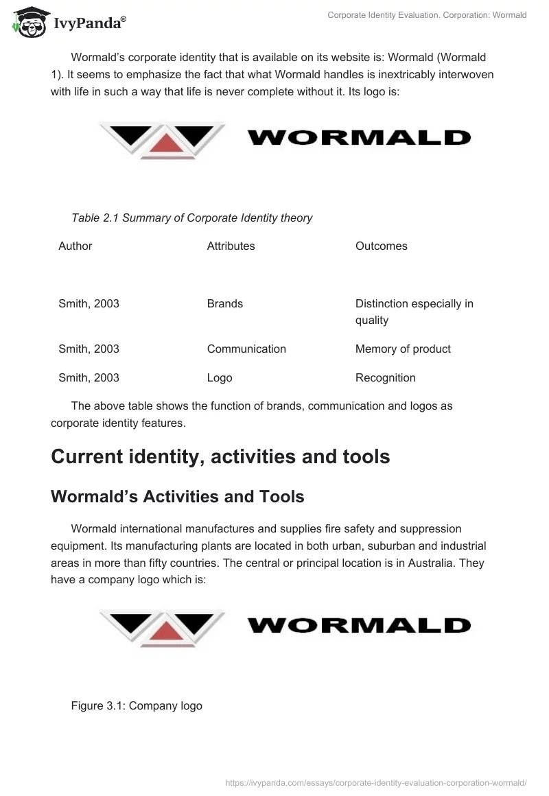 Corporate Identity Evaluation. Corporation: Wormald. Page 4