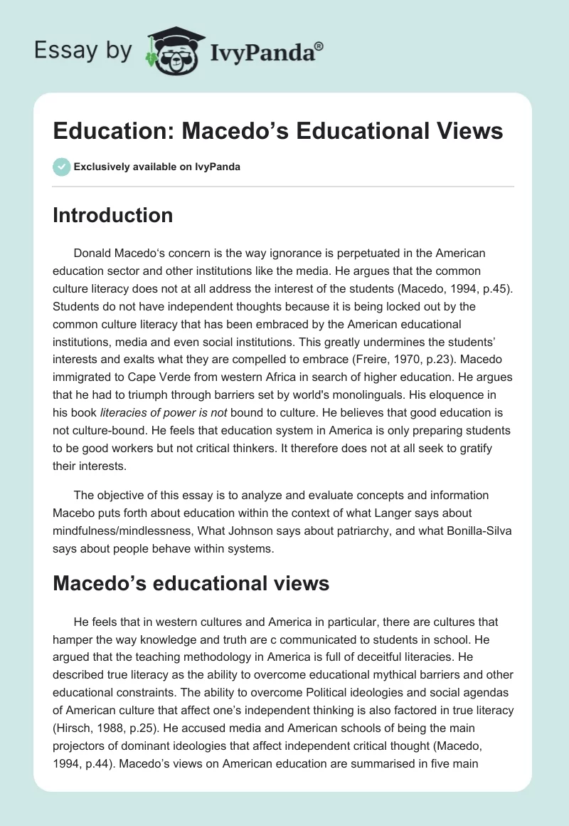 Education: Macedo’s Educational Views. Page 1