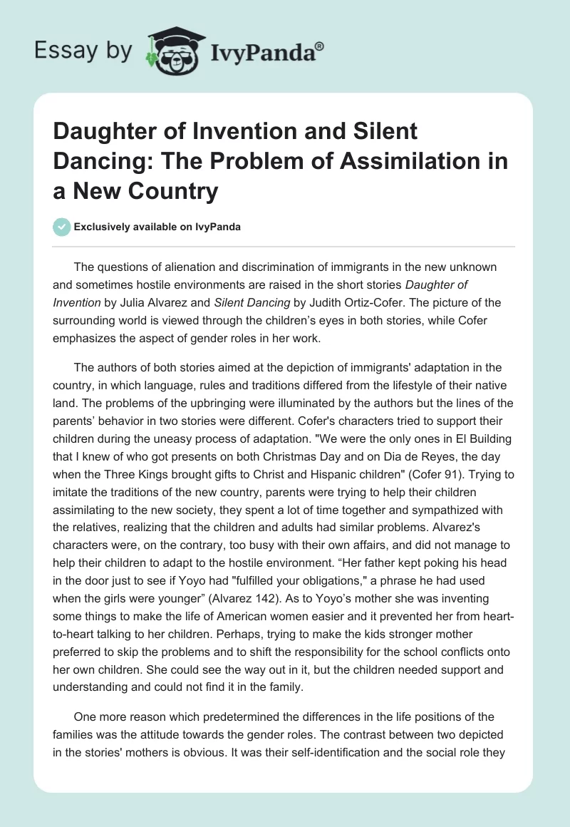 "Daughter of Invention" and "Silent Dancing": The Problem of Assimilation in a New Country. Page 1