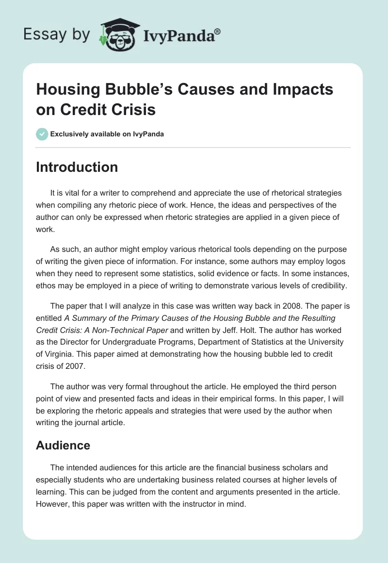 Housing Bubble’s Causes and Impacts on Credit Crisis. Page 1